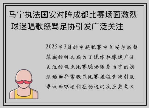马宁执法国安对阵成都比赛场面激烈 球迷唱歌怒骂足协引发广泛关注